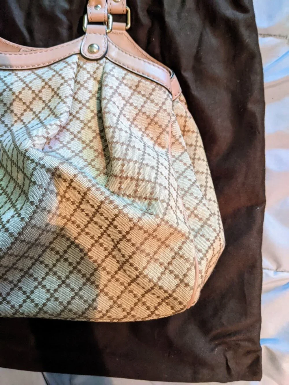 New Authentic Gucci Beige Diamante Medium Sukey Tote Canvas Leather Powder Pink